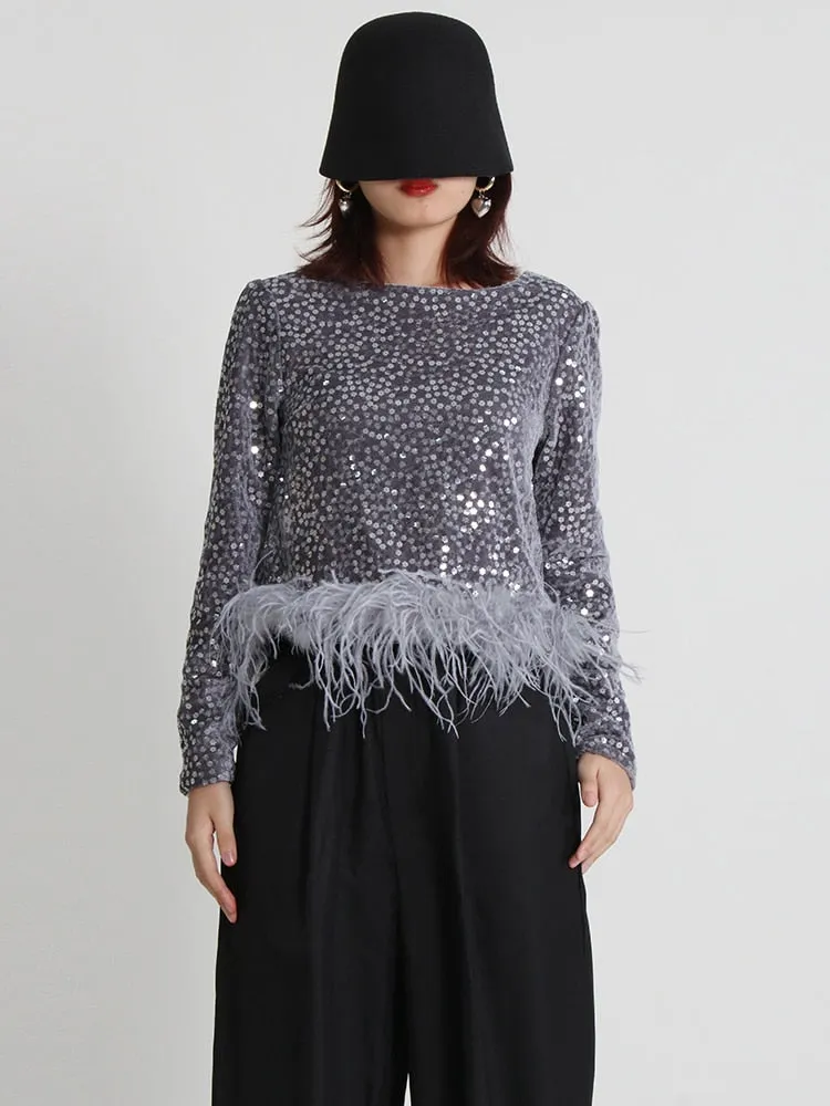 Patchwork Feathers Shirt For Women Round Neck Long Sleeve Sequins Solid T Shirts Female Clothing Fashion Casual