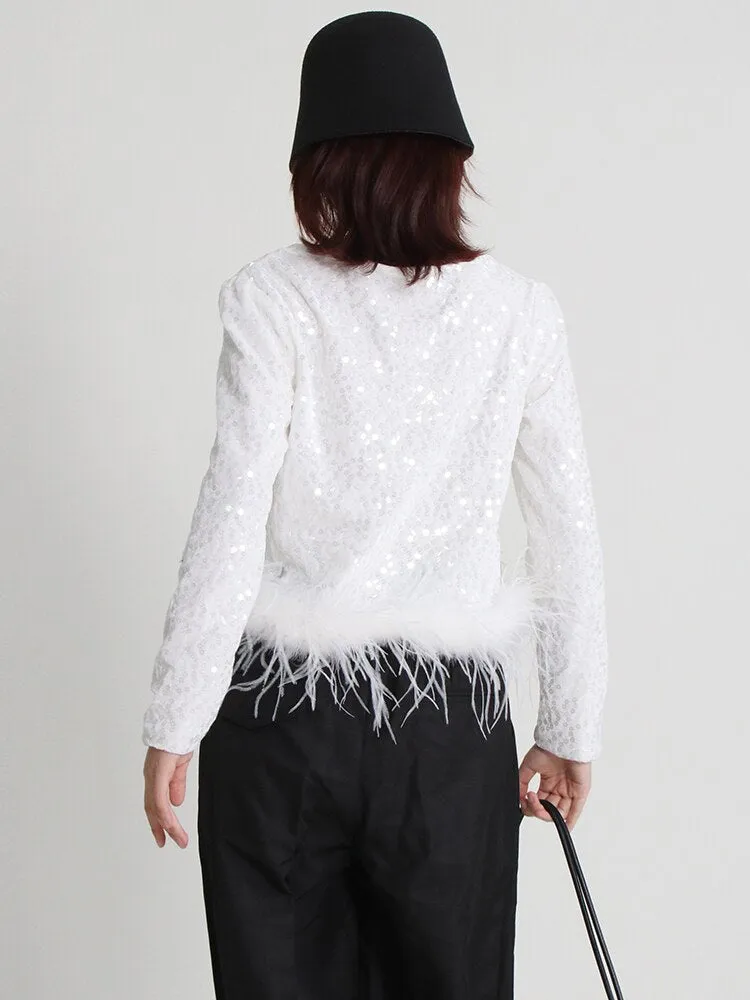 Patchwork Feathers Shirt For Women Round Neck Long Sleeve Sequins Solid T Shirts Female Clothing Fashion Casual