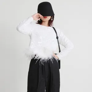 Patchwork Feathers Shirt For Women Round Neck Long Sleeve Sequins Solid T Shirts Female Clothing Fashion Casual