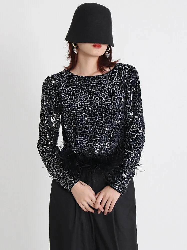 Patchwork Feathers Shirt For Women Round Neck Long Sleeve Sequins Solid T Shirts Female Clothing Fashion Casual