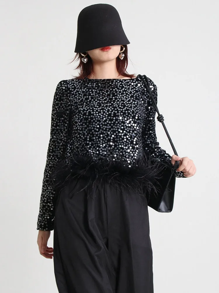Patchwork Feathers Shirt For Women Round Neck Long Sleeve Sequins Solid T Shirts Female Clothing Fashion Casual