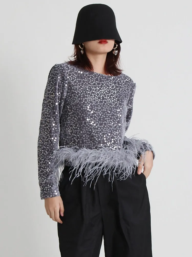 Patchwork Feathers Shirt For Women Round Neck Long Sleeve Sequins Solid T Shirts Female Clothing Fashion Casual
