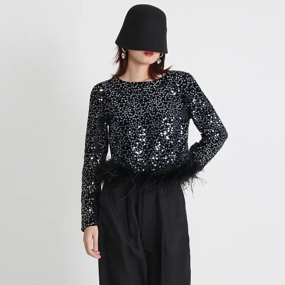 Patchwork Feathers Shirt For Women Round Neck Long Sleeve Sequins Solid T Shirts Female Clothing Fashion Casual