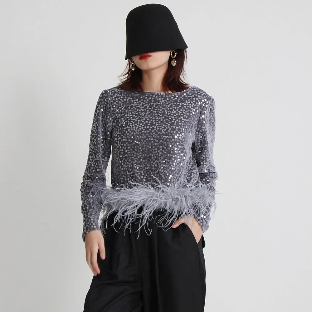Patchwork Feathers Shirt For Women Round Neck Long Sleeve Sequins Solid T Shirts Female Clothing Fashion Casual