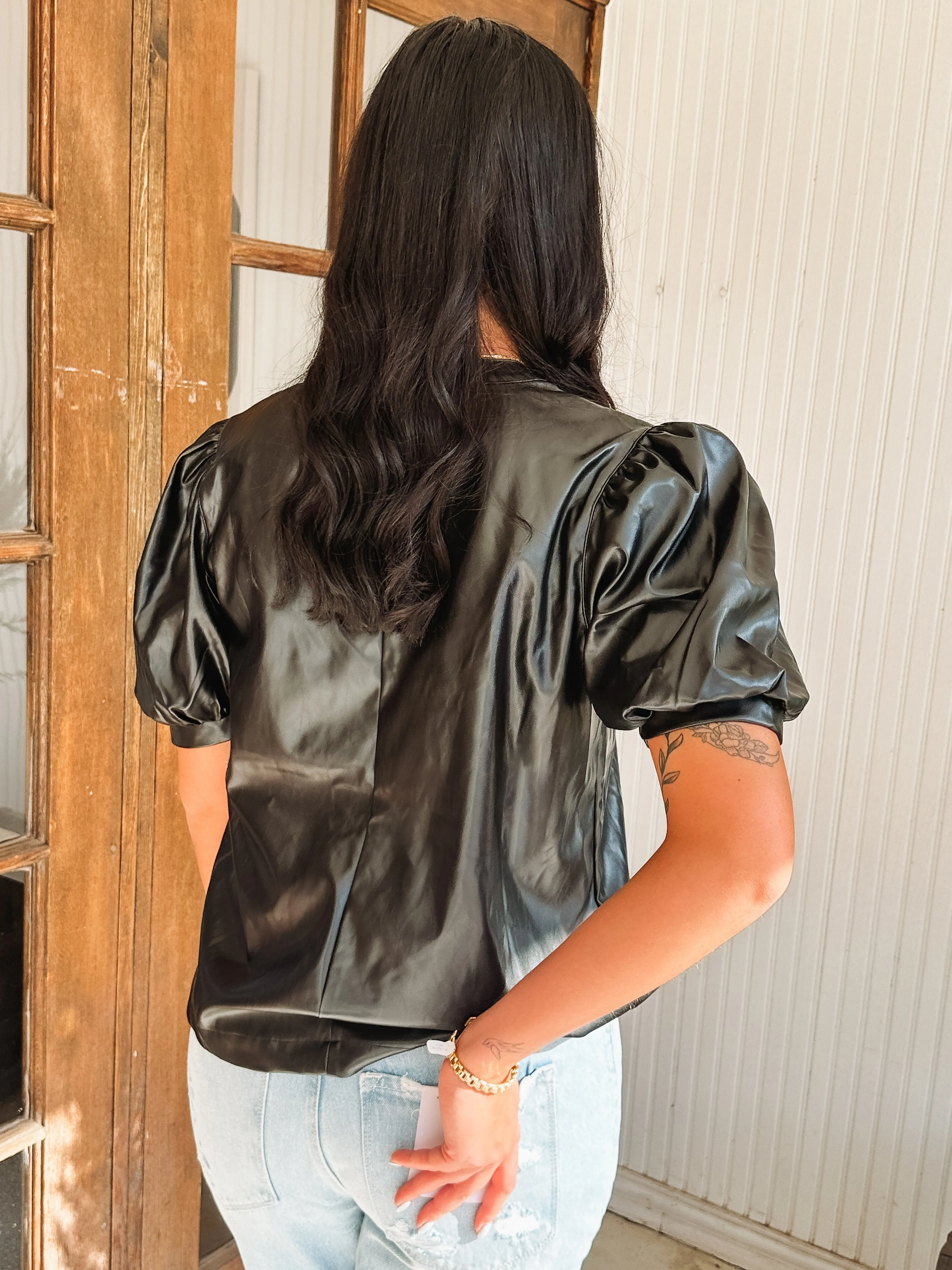 Puff Sleeve Faux Leather Short Sleeve Top
