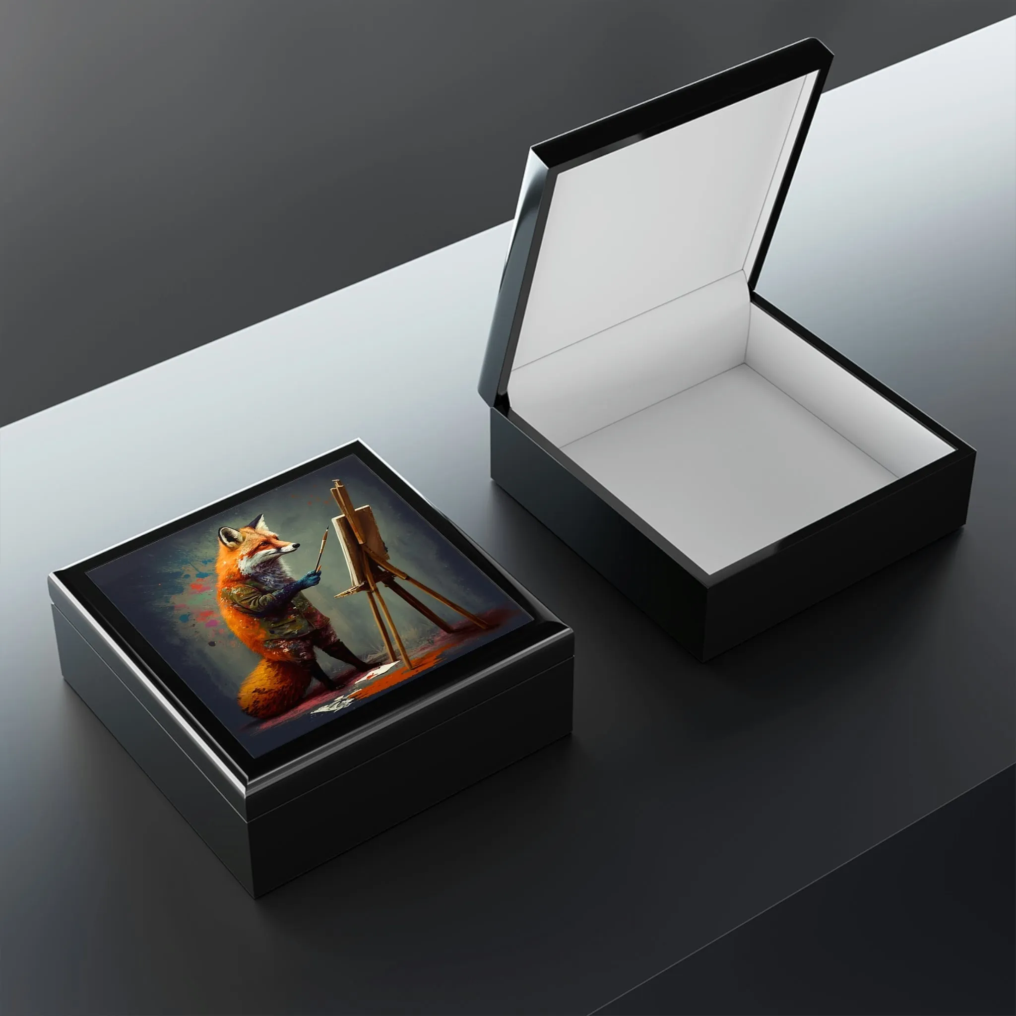 Red Fox Artist Wood Keepsake Jewelry Box with Ceramic Tile Cover