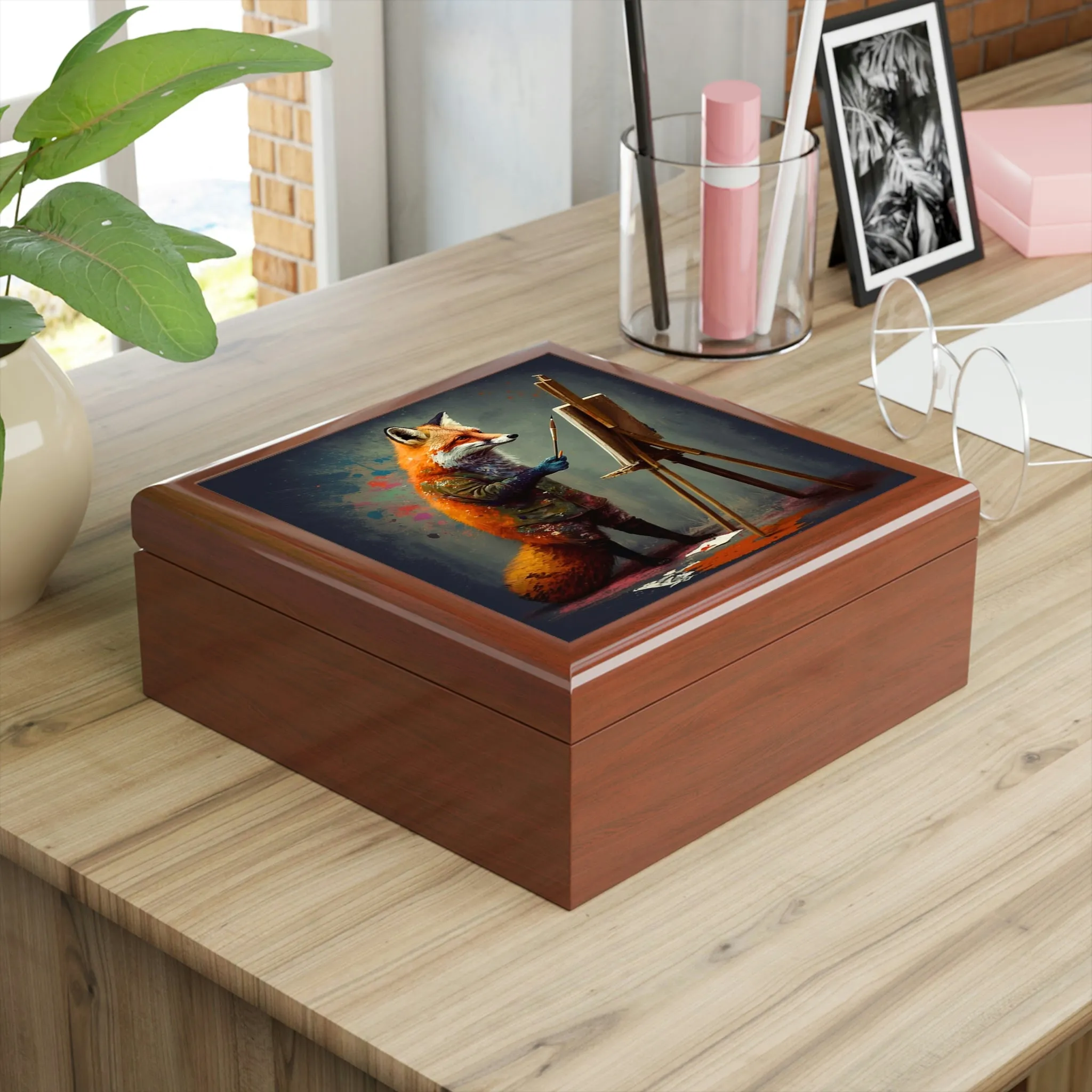 Red Fox Artist Wood Keepsake Jewelry Box with Ceramic Tile Cover