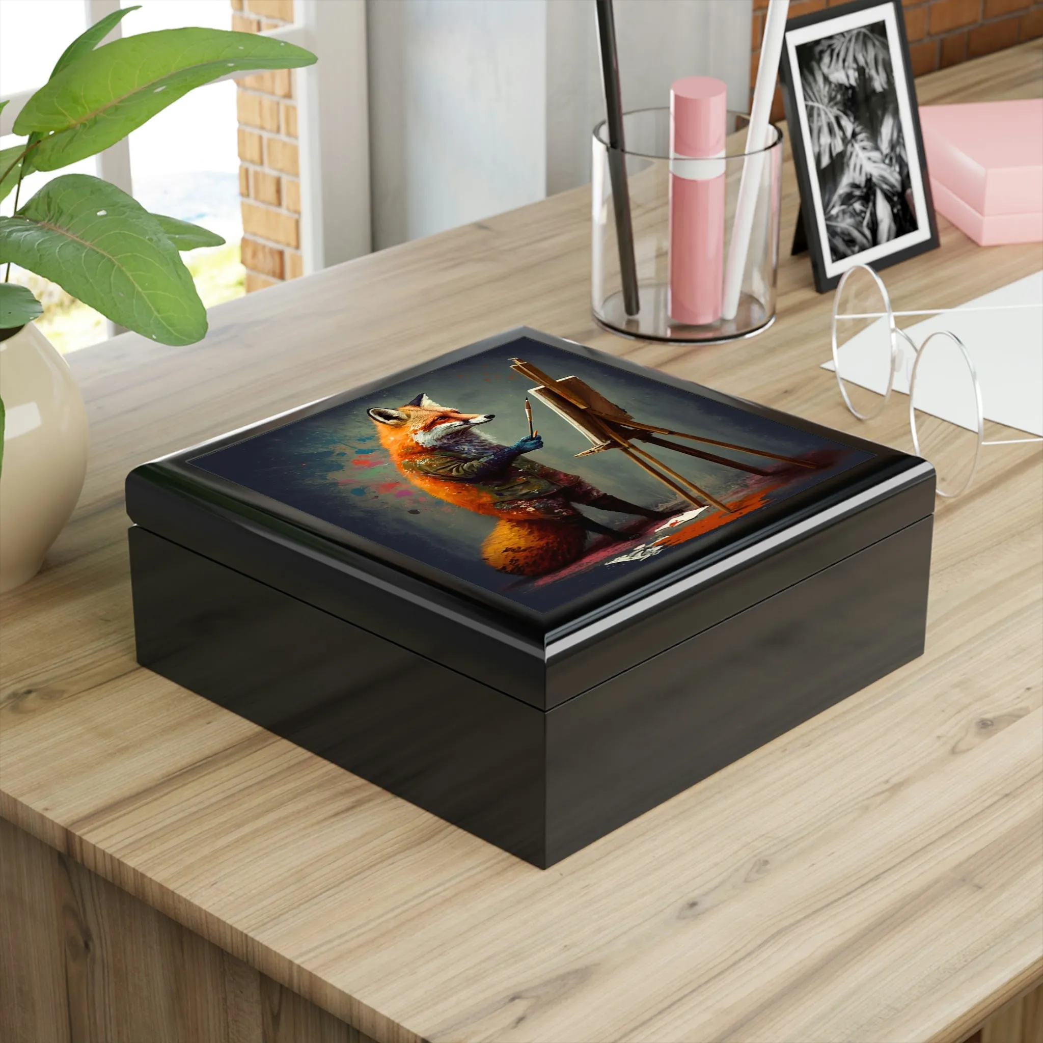 Red Fox Artist Wood Keepsake Jewelry Box with Ceramic Tile Cover