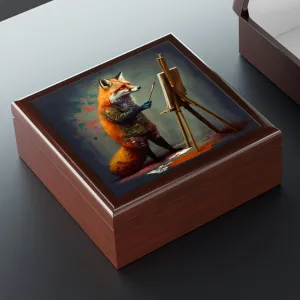 Red Fox Artist Wood Keepsake Jewelry Box with Ceramic Tile Cover