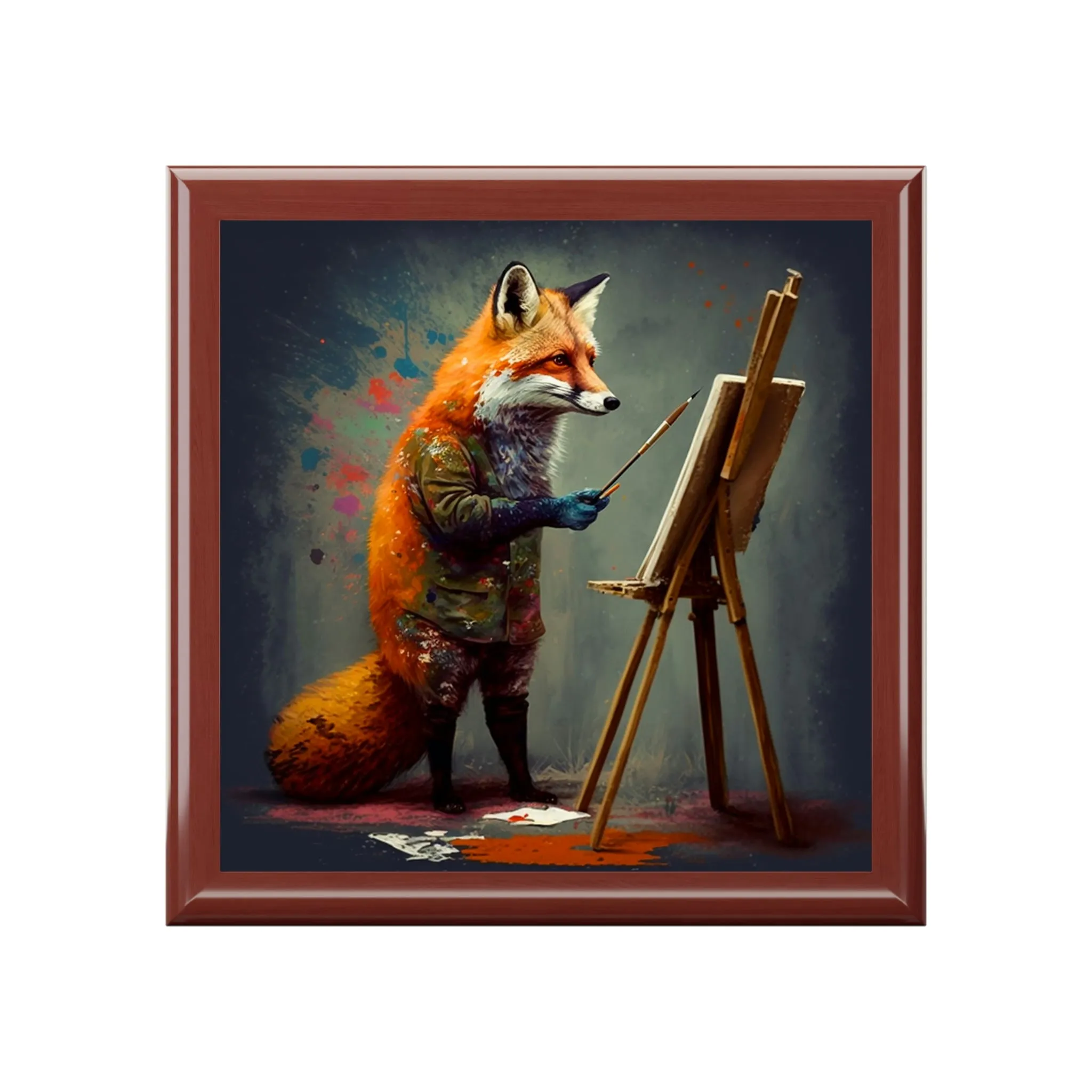 Red Fox Artist Wood Keepsake Jewelry Box with Ceramic Tile Cover