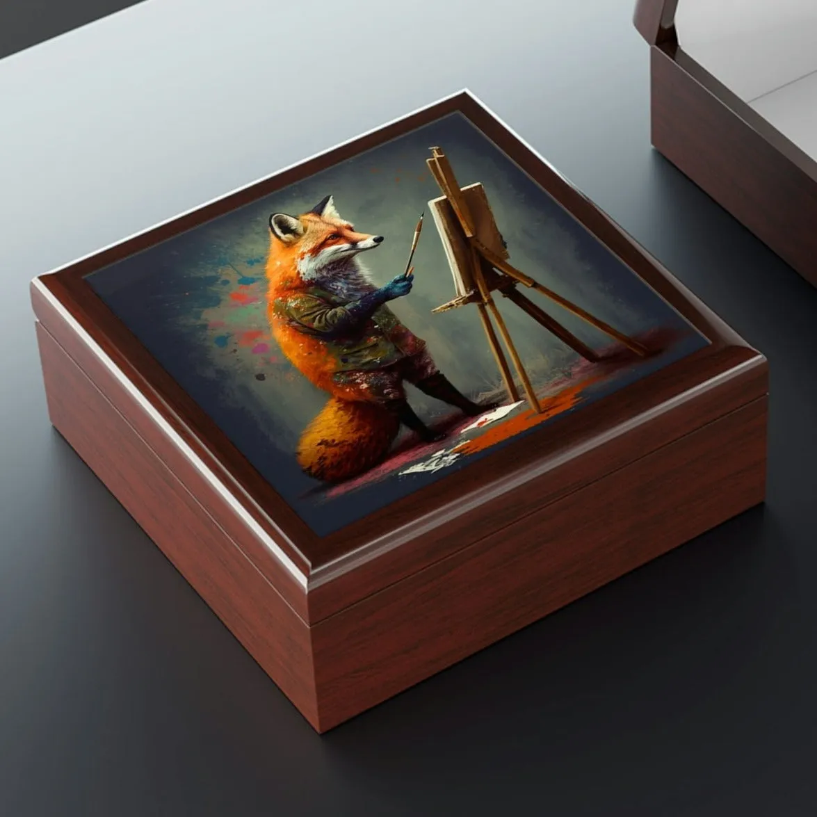 Red Fox Artist Wood Keepsake Jewelry Box with Ceramic Tile Cover