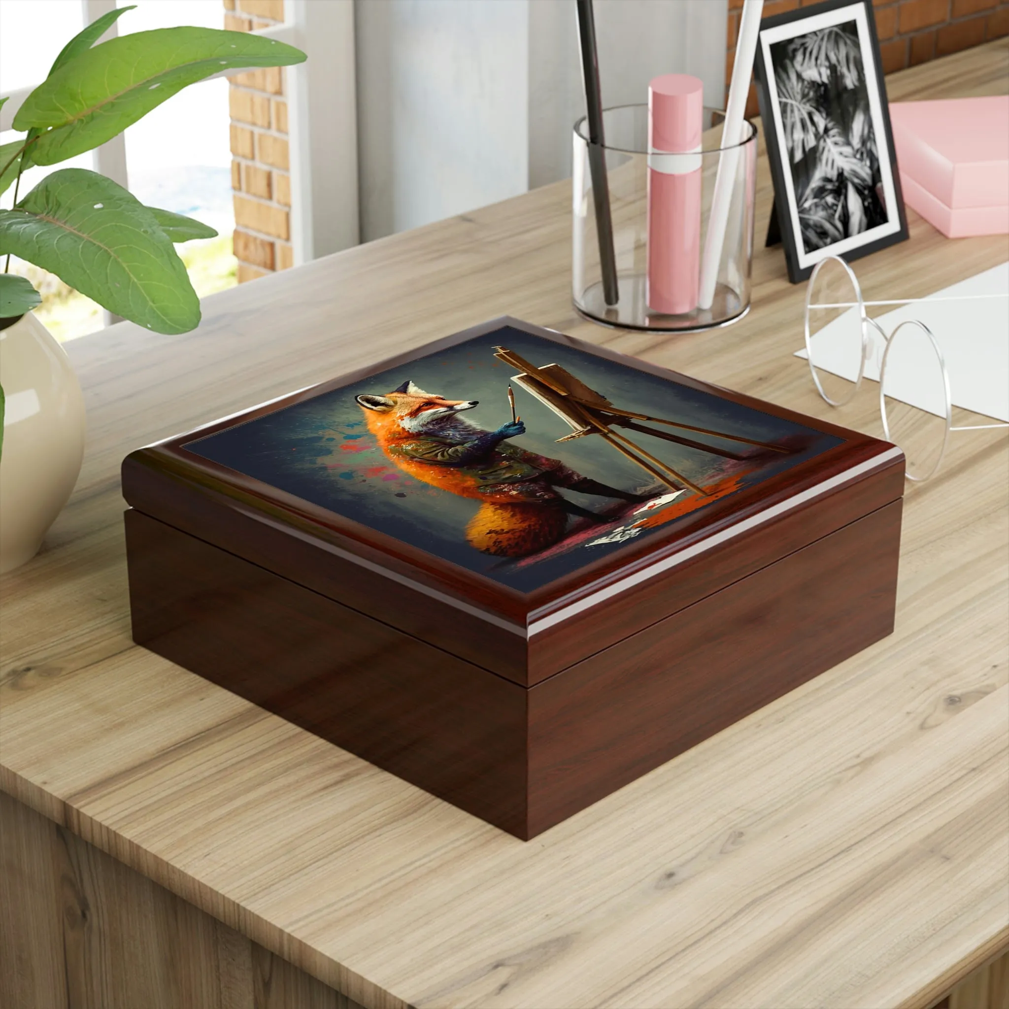 Red Fox Artist Wood Keepsake Jewelry Box with Ceramic Tile Cover