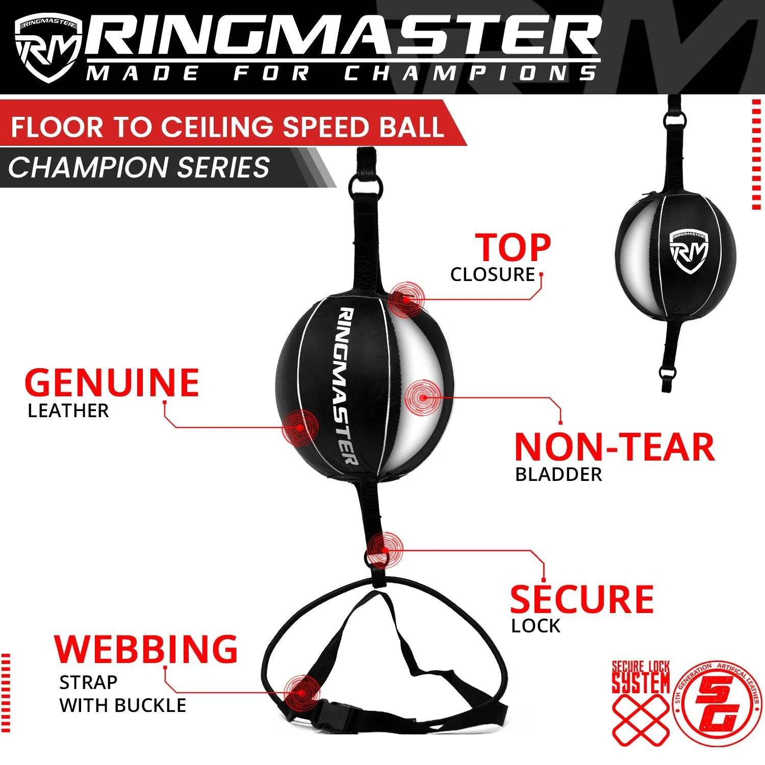 RingMaster Sports Double End Round Speed Ball Champion Series Genuine Leather White/Black