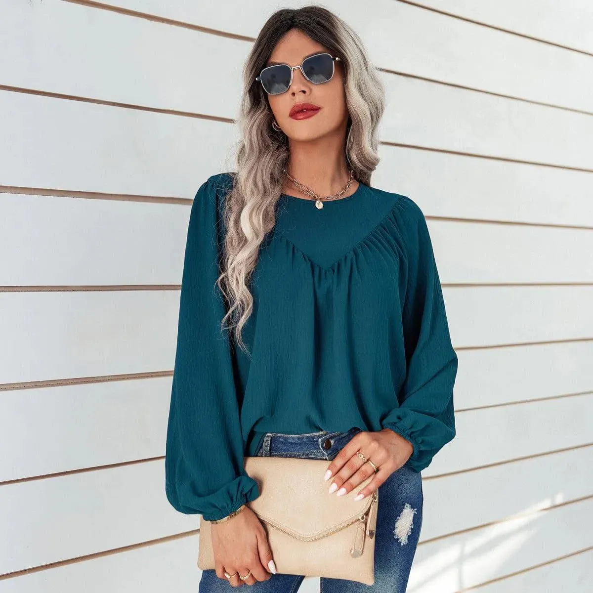 Round Neck Gathering Long Sleeve Top
