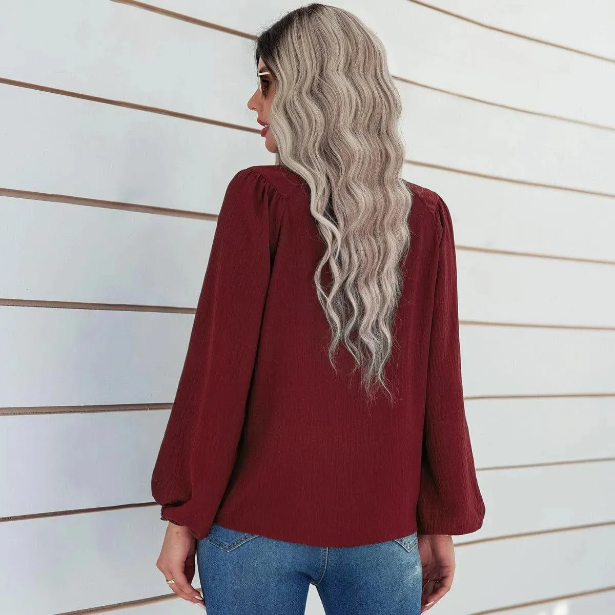 Round Neck Gathering Long Sleeve Top
