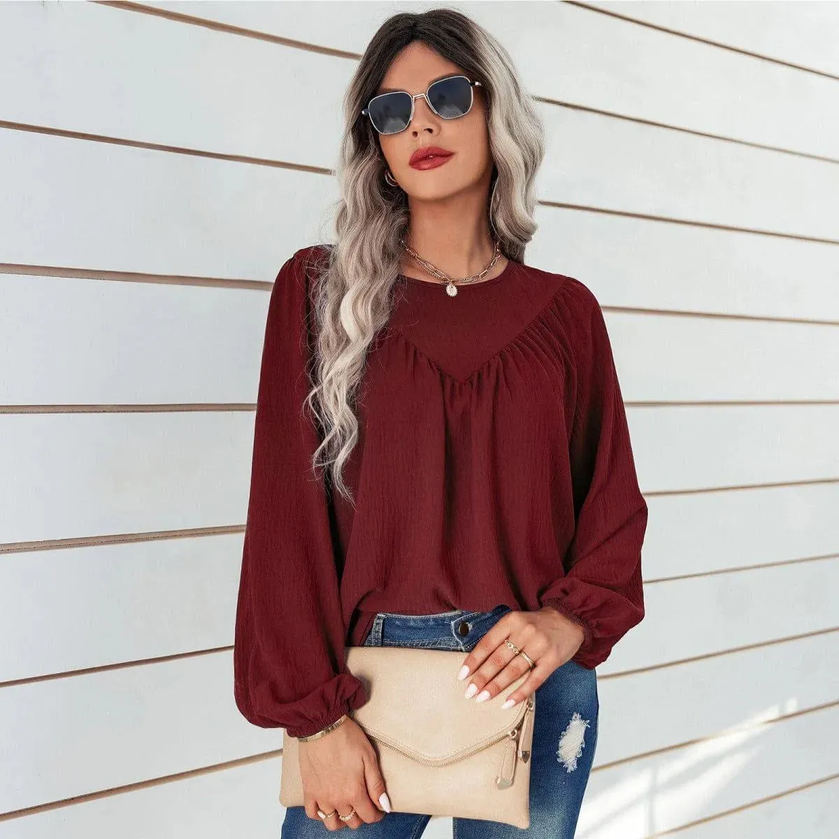 Round Neck Gathering Long Sleeve Top