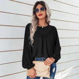 Round Neck Gathering Long Sleeve Top