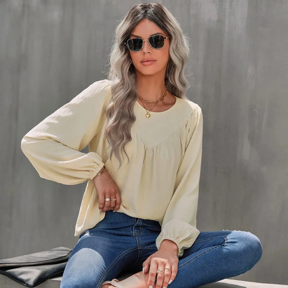 Round Neck Gathering Long Sleeve Top