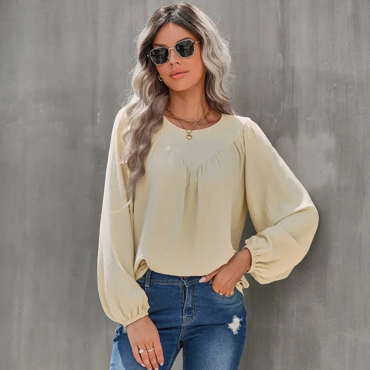 Round Neck Gathering Long Sleeve Top