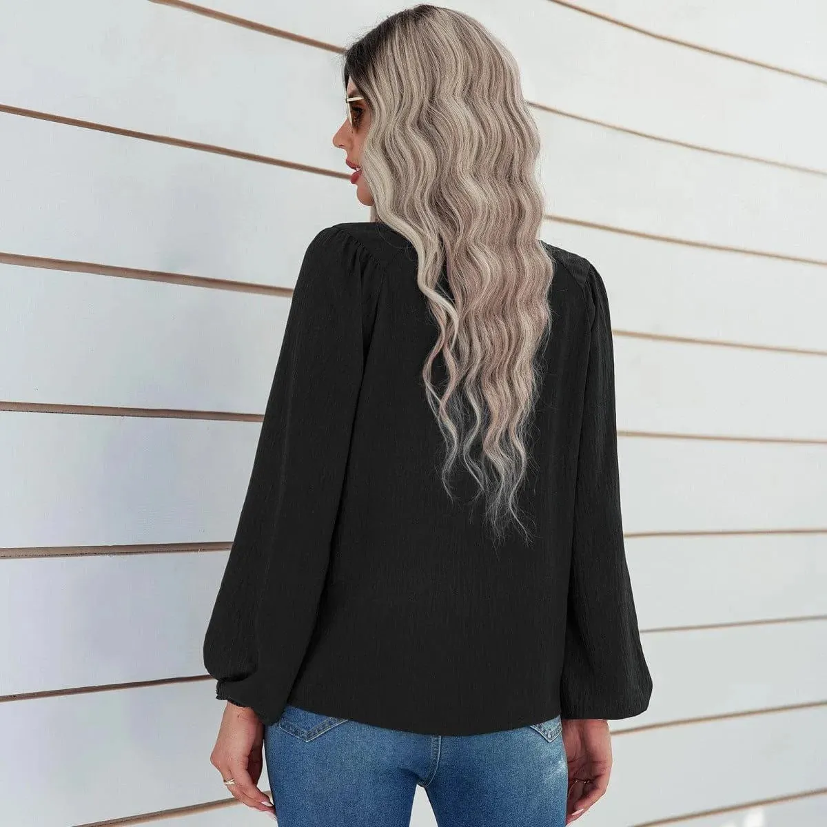 Round Neck Gathering Long Sleeve Top
