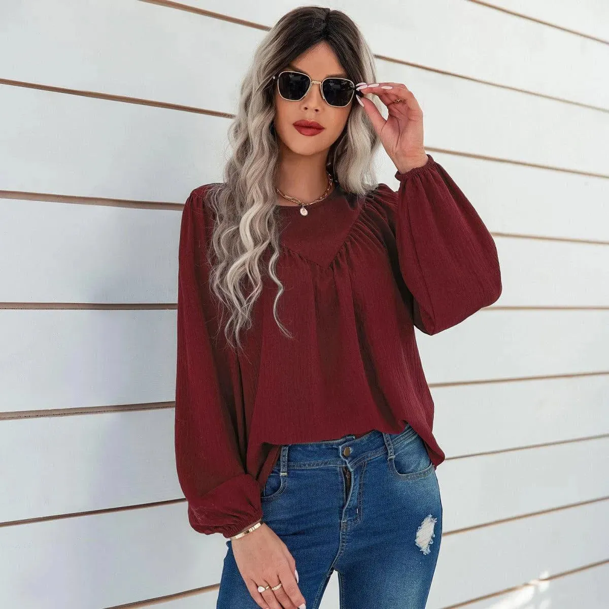 Round Neck Gathering Long Sleeve Top