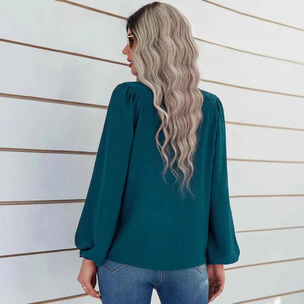 Round Neck Gathering Long Sleeve Top