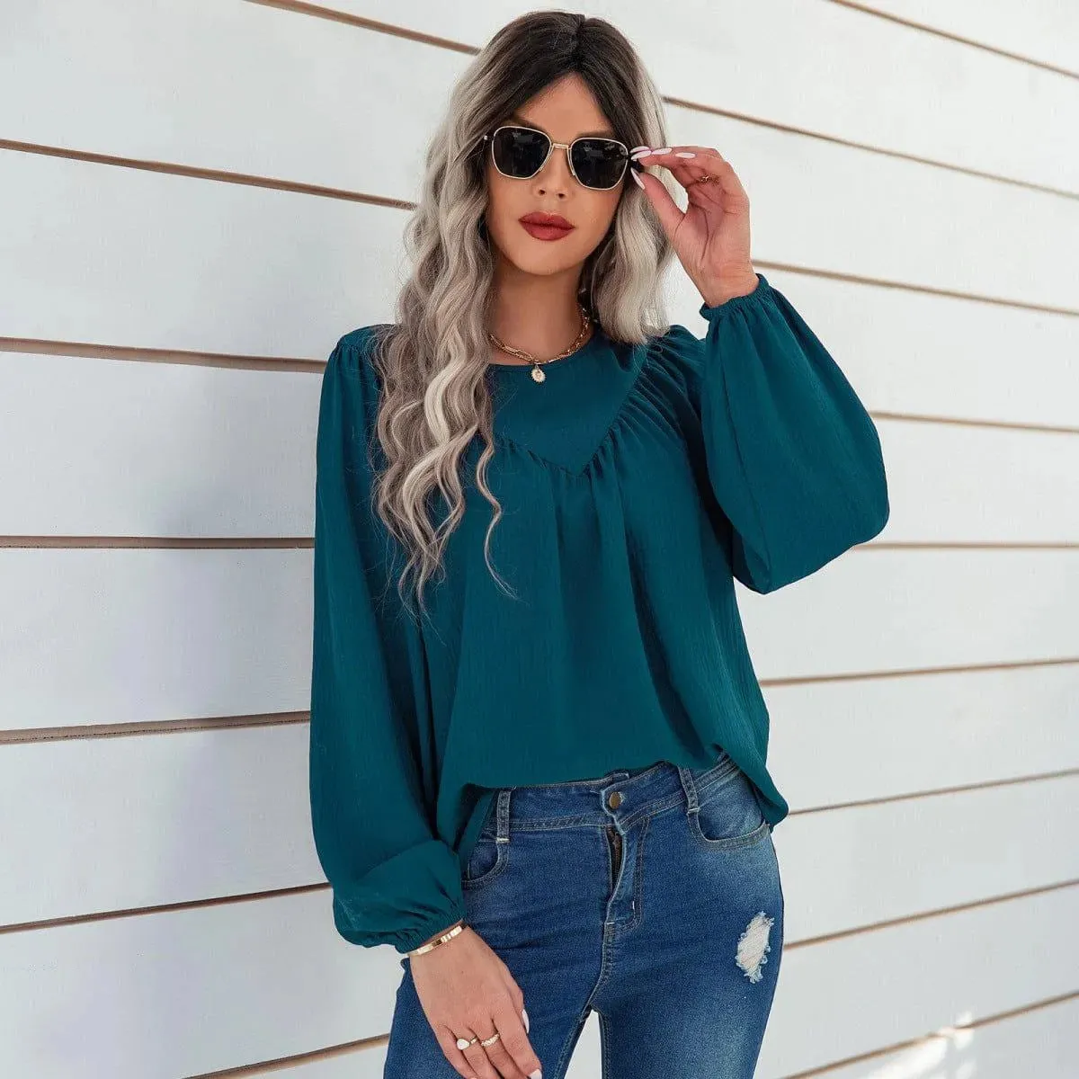 Round Neck Gathering Long Sleeve Top