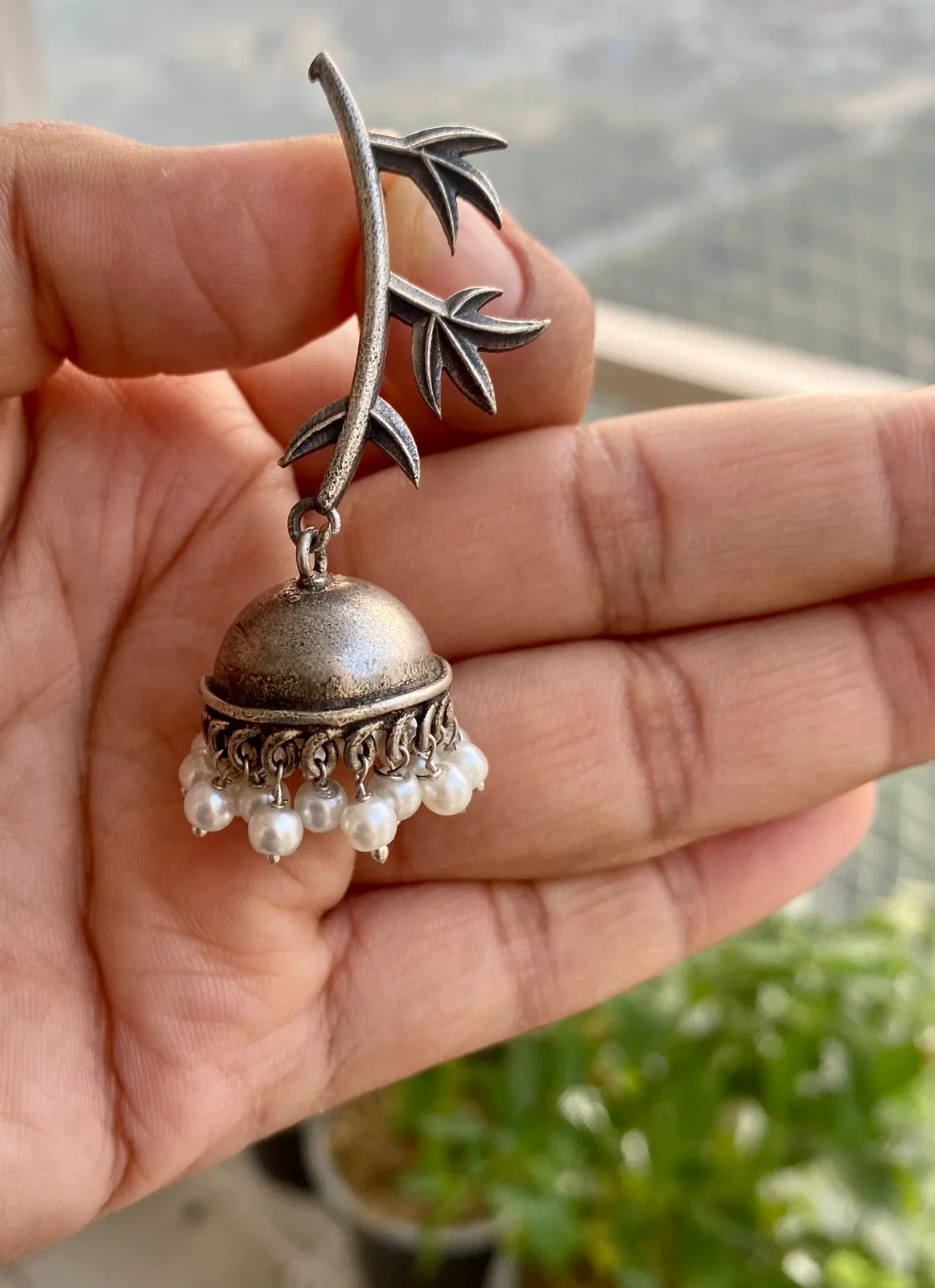 Salvanity German Silver Leafy Twig Jhumki