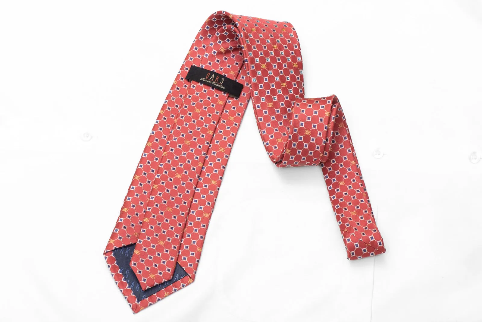 Silver Blue Geometric Squares On Red Rhinestone Tie With Gold Sparkles