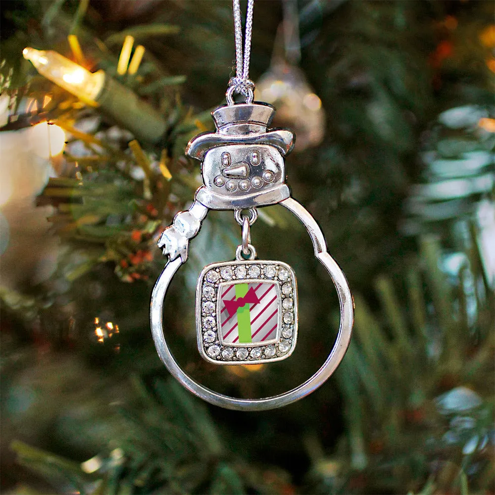 Silver Sparkling Present Square Charm Snowman Ornament