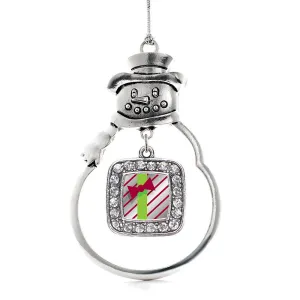 Silver Sparkling Present Square Charm Snowman Ornament