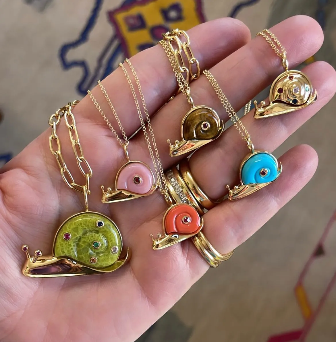 Small Gold Snail Pendant with Multi-Colored Sapphires