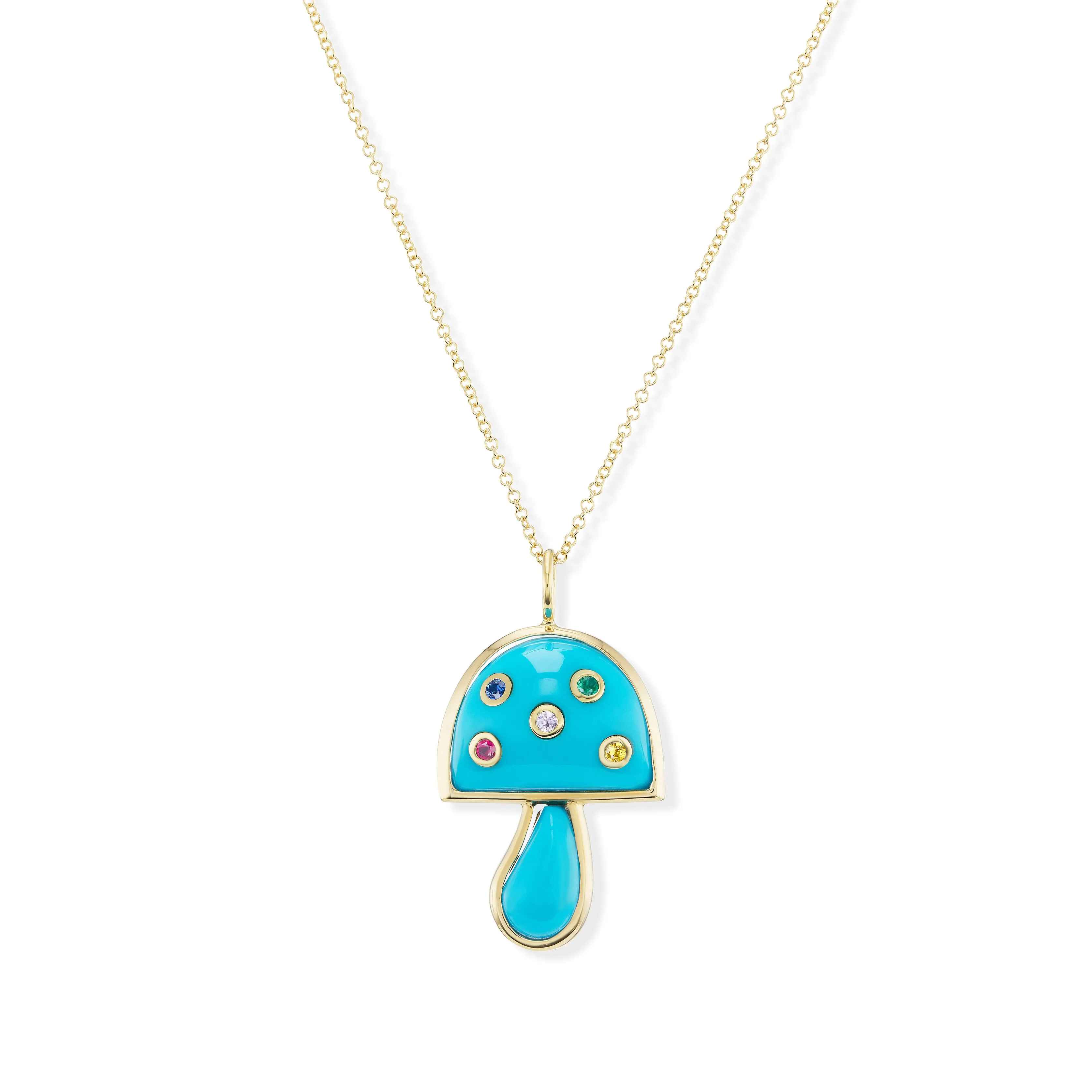 Small Magic Mushroom Pendant with Turquoise & Multi-Colored Sapphires