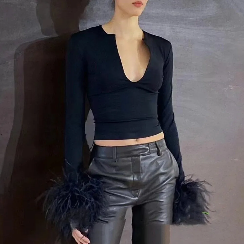 Spliced Feather Solid Knitting Sweaters For Women V Neck Long Sleeve Slimming Pullover Sweater Female Fashion