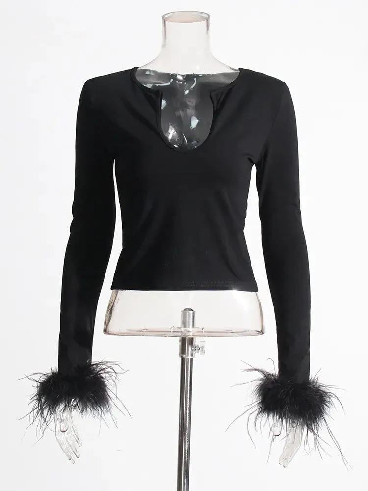 Spliced Feather Solid Knitting Sweaters For Women V Neck Long Sleeve Slimming Pullover Sweater Female Fashion