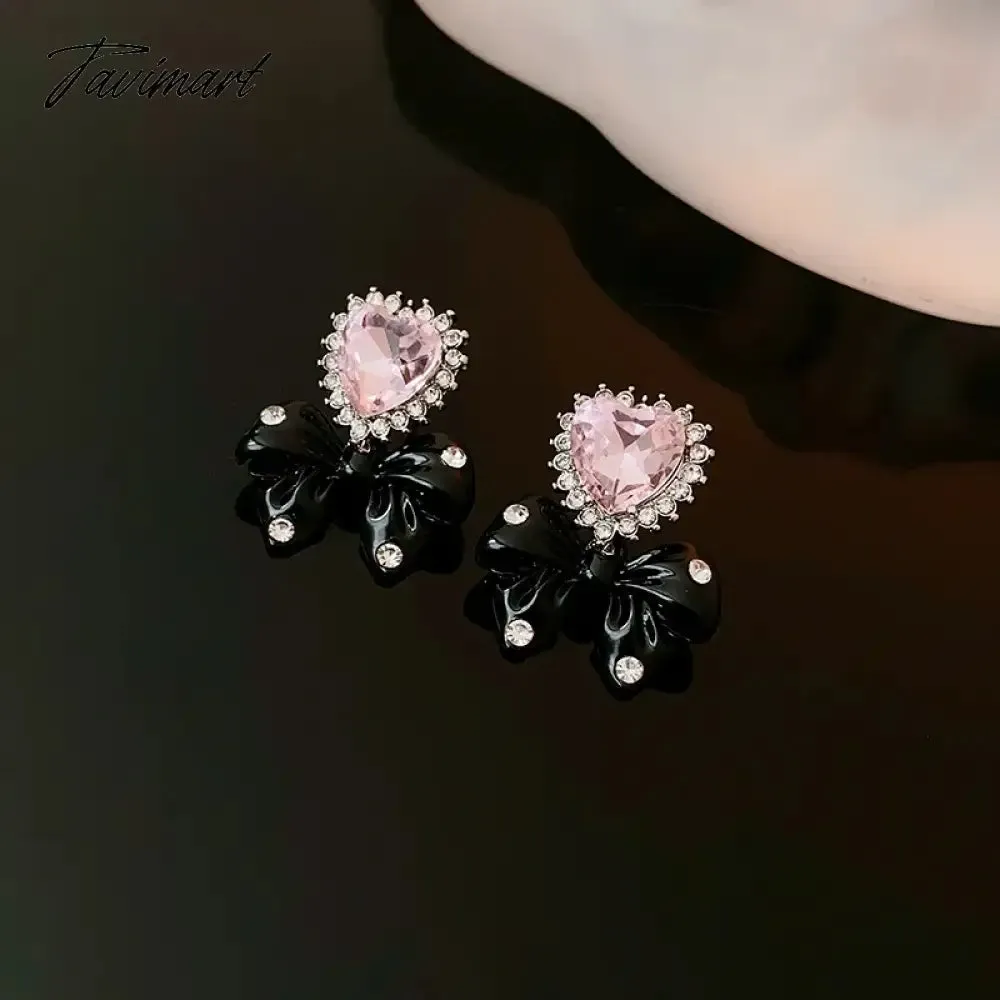 Tavimart Fashion Heart Black Bowknot Drop Earrings For Women Luxury High Grade Jewelry Wholesale