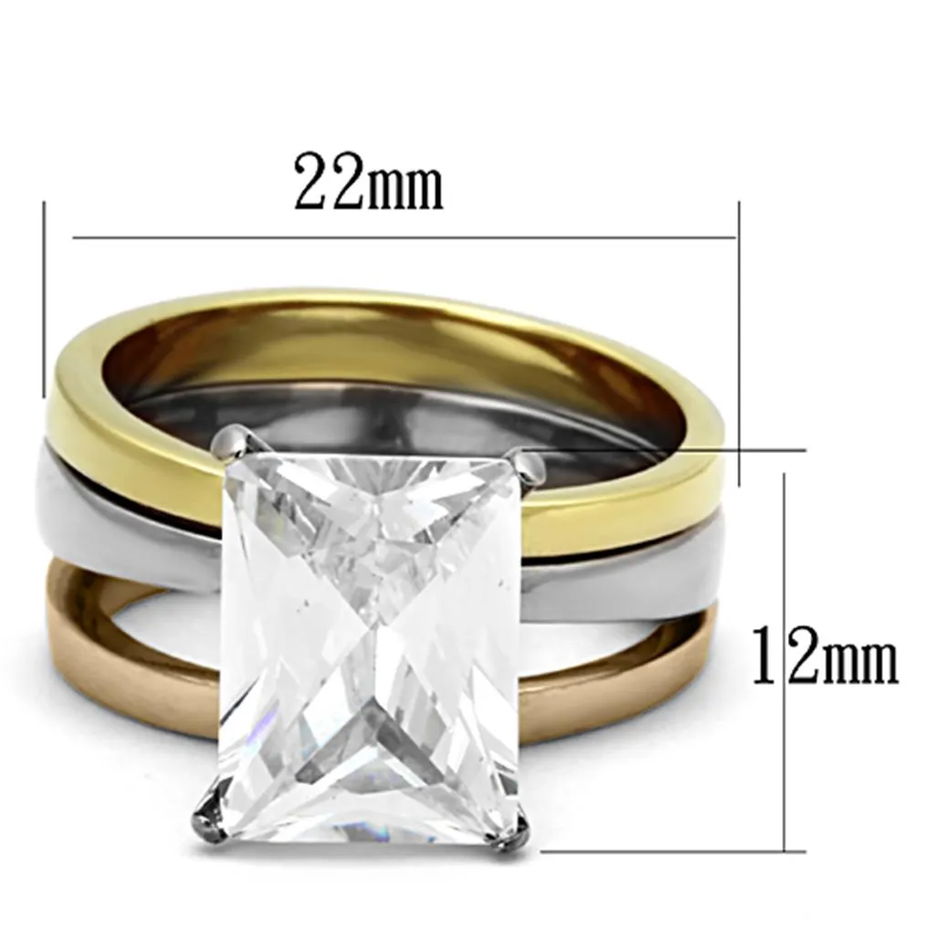 Three Tone IPÃ¯Â¼Ë†IP Gold & IP Rose Gold & High Polished) Stainless Steel Ring with AAA Grade CZ in Clear for Women Style TK962