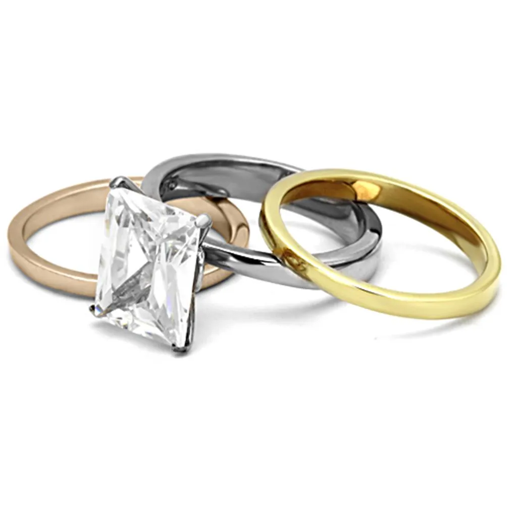Three Tone IPÃ¯Â¼Ë†IP Gold & IP Rose Gold & High Polished) Stainless Steel Ring with AAA Grade CZ in Clear for Women Style TK962