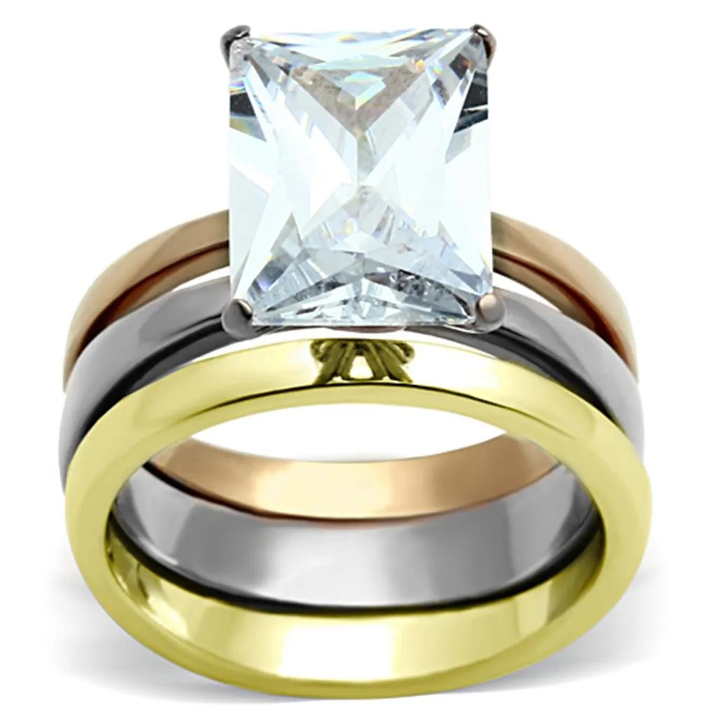 Three Tone IPÃ¯Â¼Ë†IP Gold & IP Rose Gold & High Polished) Stainless Steel Ring with AAA Grade CZ in Clear for Women Style TK962