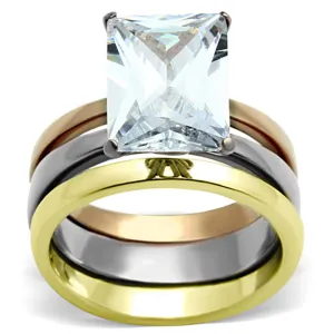Three Tone IPÃ¯Â¼Ë†IP Gold & IP Rose Gold & High Polished) Stainless Steel Ring with AAA Grade CZ in Clear for Women Style TK962
