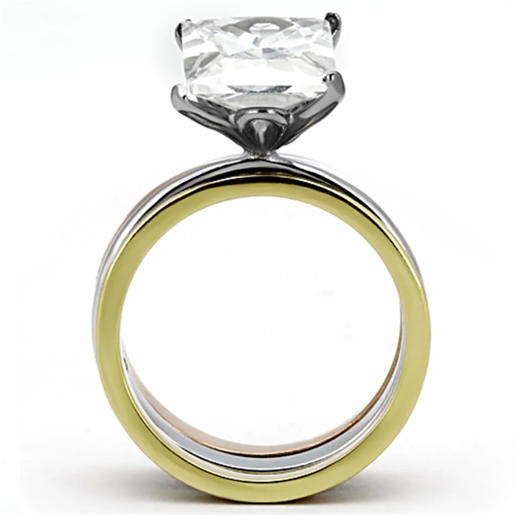 Three Tone IPÃ¯Â¼Ë†IP Gold & IP Rose Gold & High Polished) Stainless Steel Ring with AAA Grade CZ in Clear for Women Style TK962