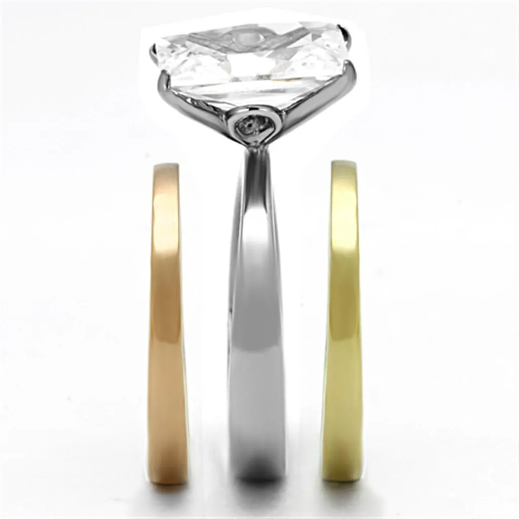Three Tone IPÃ¯Â¼Ë†IP Gold & IP Rose Gold & High Polished) Stainless Steel Ring with AAA Grade CZ in Clear for Women Style TK962