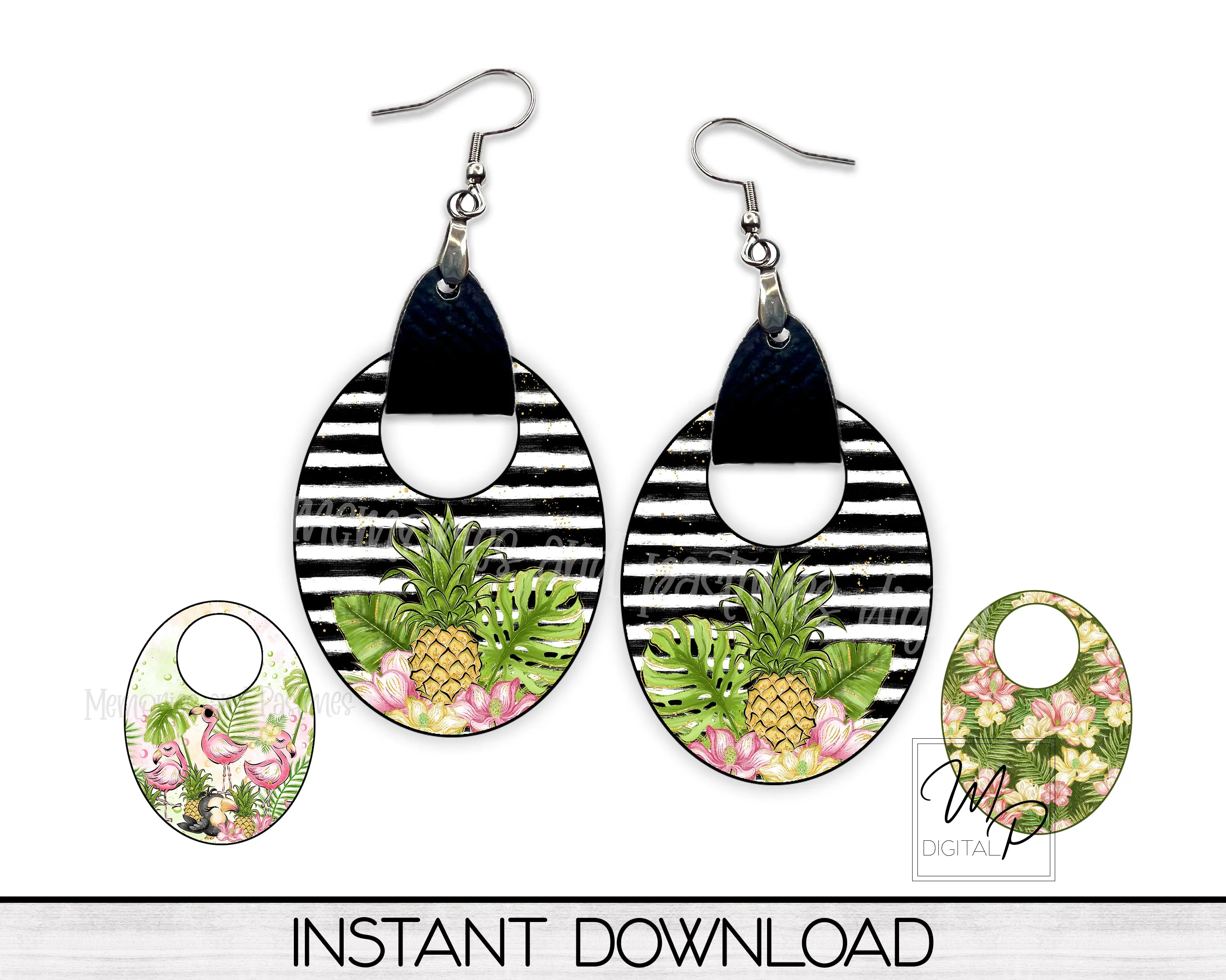 Tropical Oval Earring with Leather Hoop PNG Design Bundle for Sublimation, Digital Download