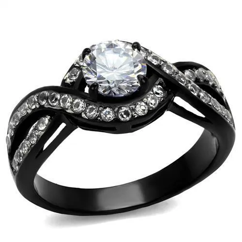 Two-Tone IP Black (Ion Plating) Stainless Steel Ring with AAA Grade CZ in Clear for Women Style TK2282