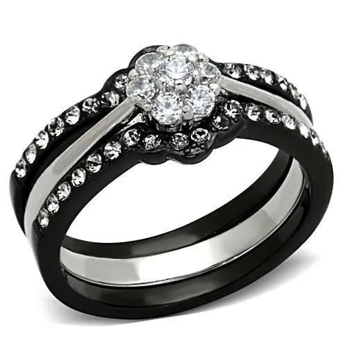 Two-Tone IP Black Stainless Steel Ring with AAA Grade CZ in Clear for Women Style TK1345