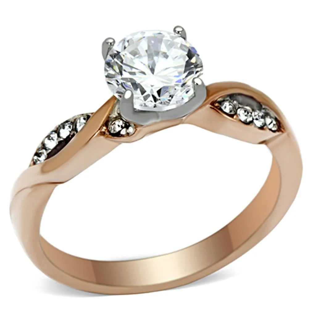 Two-Tone IP Rose Gold Stainless Steel Ring with AAA Grade CZ in Clear for Women Style TK1163