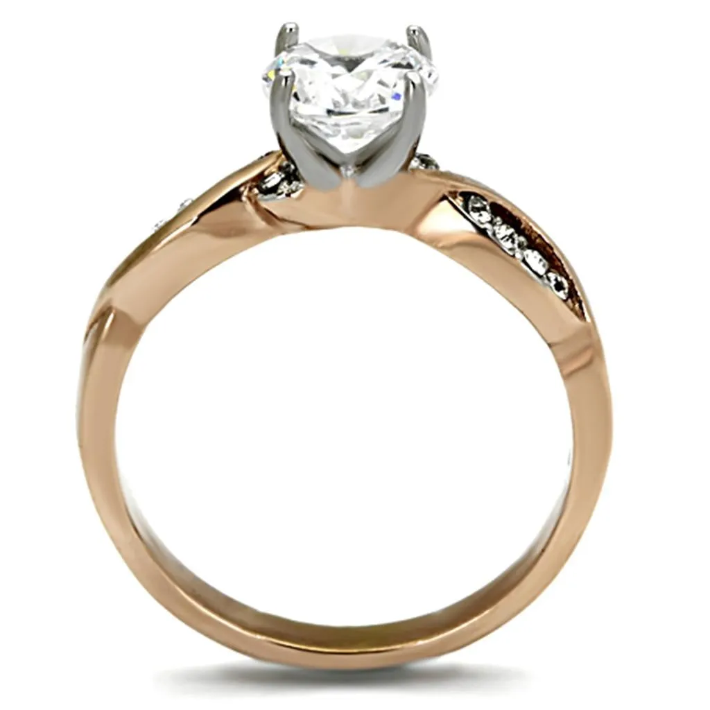 Two-Tone IP Rose Gold Stainless Steel Ring with AAA Grade CZ in Clear for Women Style TK1163