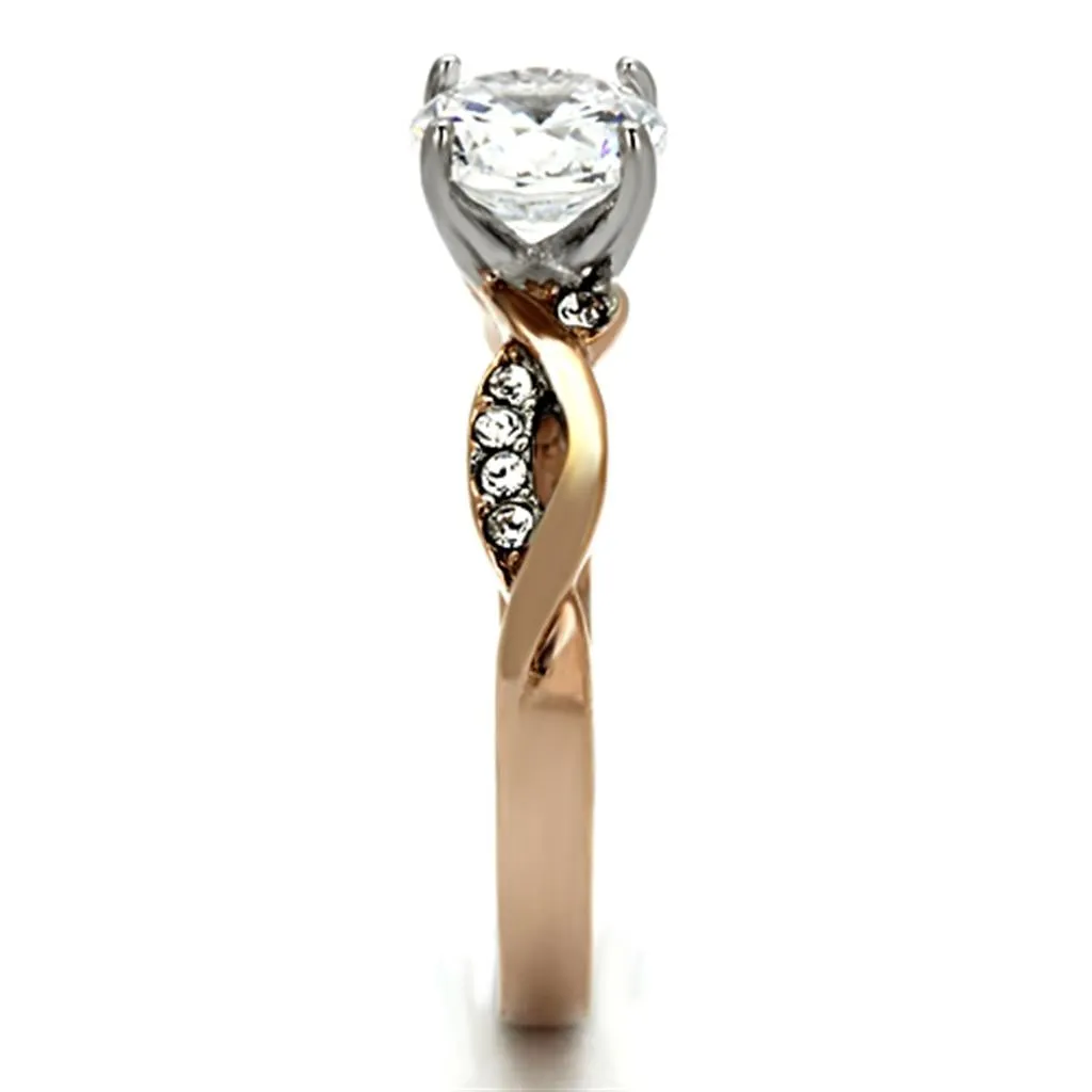 Two-Tone IP Rose Gold Stainless Steel Ring with AAA Grade CZ in Clear for Women Style TK1163
