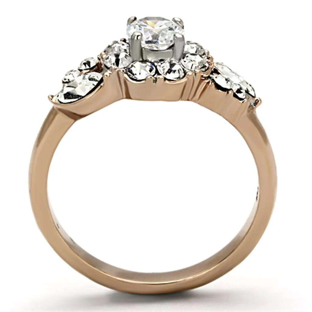 Two-Tone IP Rose Gold Stainless Steel Ring with AAA Grade CZ in Clear for Women Style TK1164