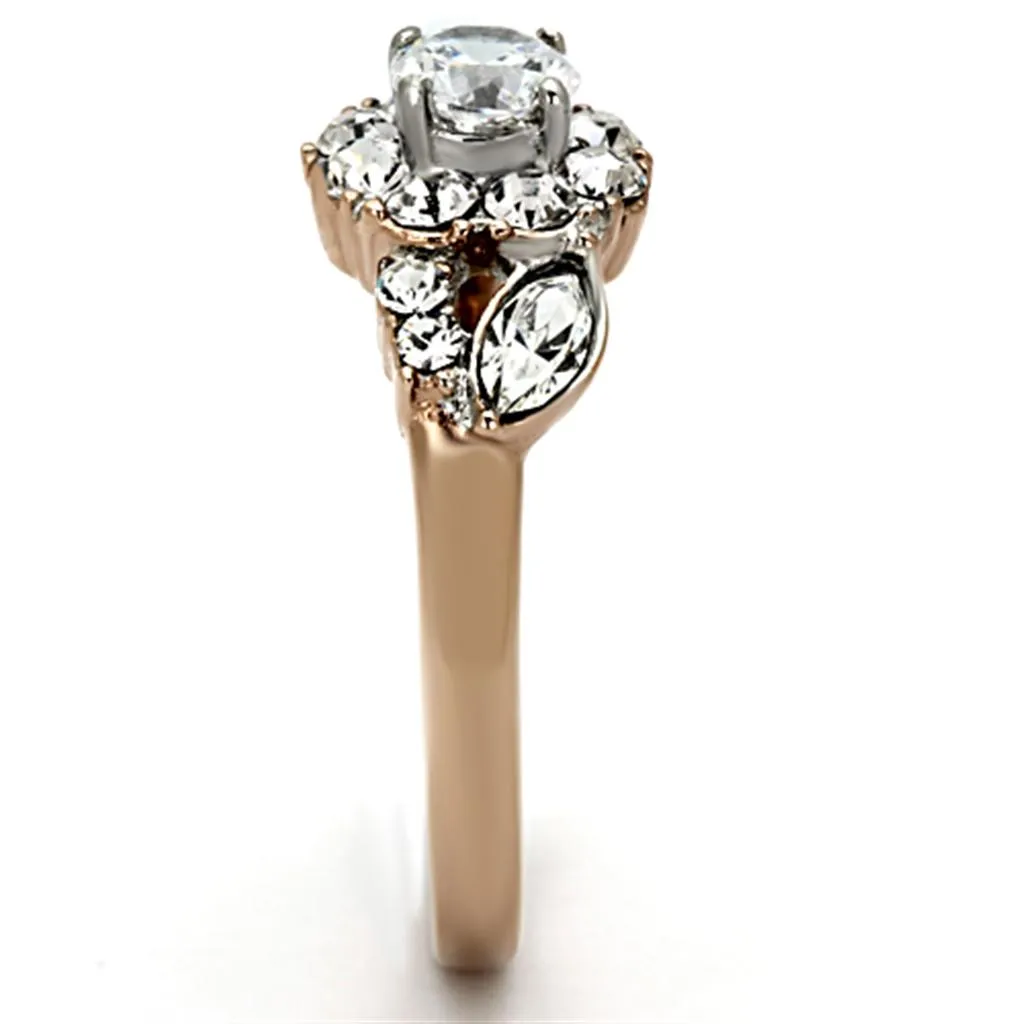 Two-Tone IP Rose Gold Stainless Steel Ring with AAA Grade CZ in Clear for Women Style TK1164